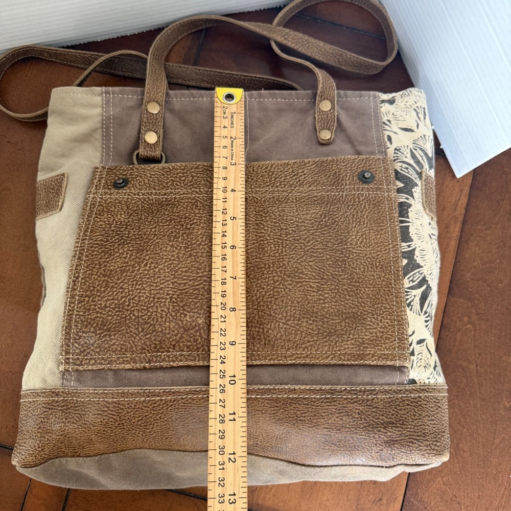 Myra Bag Canvas Leather Patchwork Tote Shoulder Bag Brown Tan Botanical Print - Picture 9 of 12